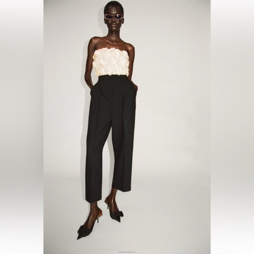 Zara Nwt Structured Floral Contrast Jumpsuit Ecru Openback